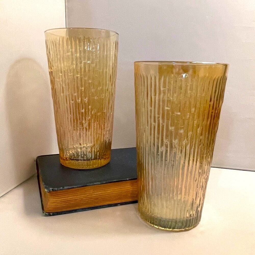 Pair Large Vintage Jeannette Tree Bark Variant Carnival Glass 23 oz Glasses